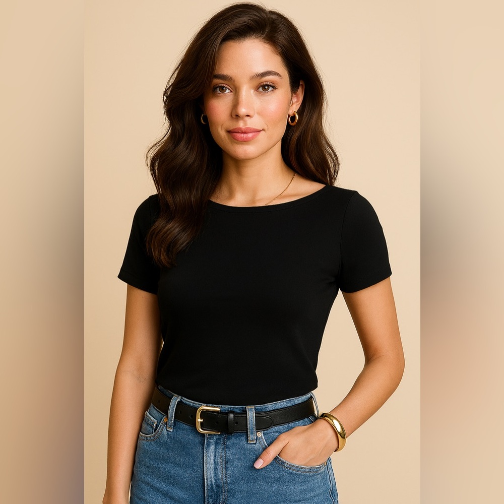 J Crew Fac NWT Short Sleeve Ribbed Boatneck Tee Size XL in Black